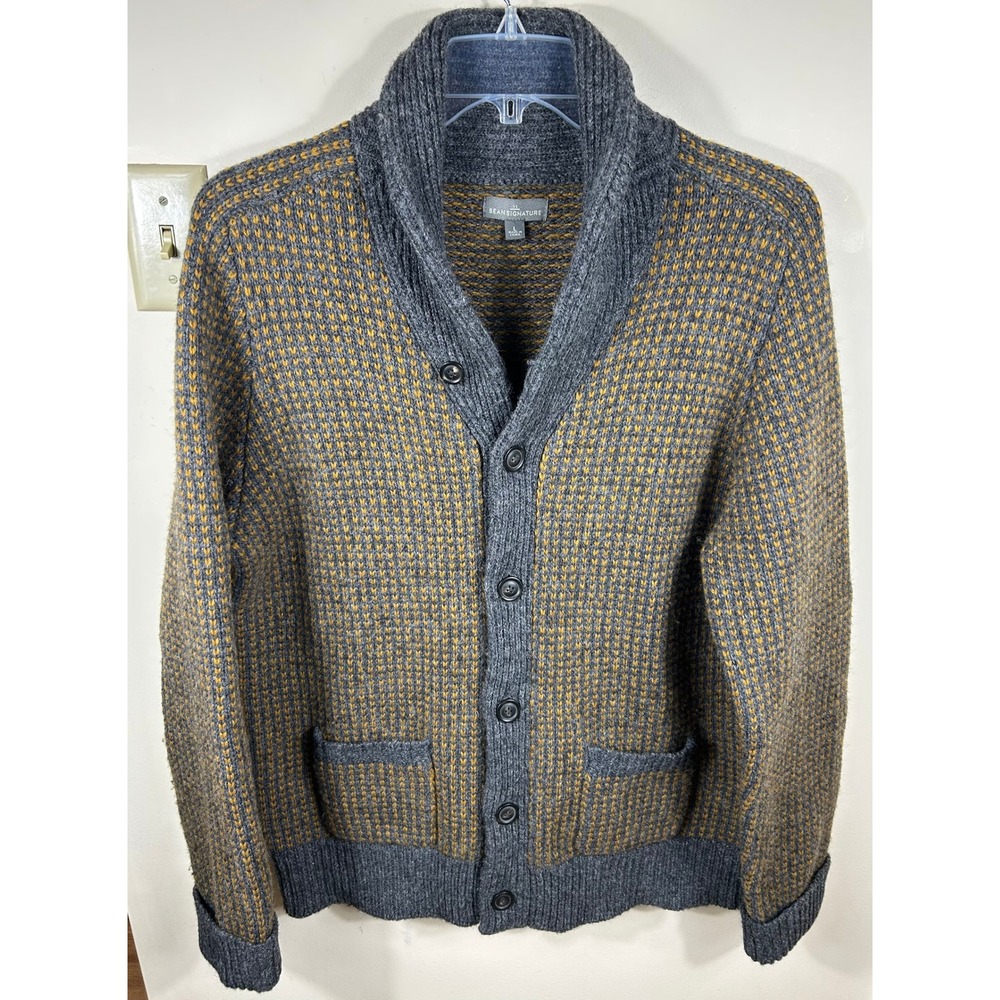 LL Bean Signature Shawl Collar Wool Sweater Cardigan Mens L Grey Gold Heritage